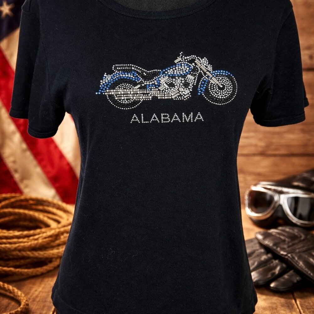 Harley-Davidson T-Shirt Black Motorcycle Rhinestone Short Sleeve  Alabama Sz S